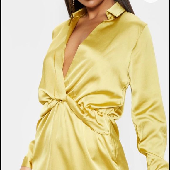 NWT Katalea Dark Lime Twist Front Silky Shirt Dress NWT pretty little thing - Picture 4 of 9
